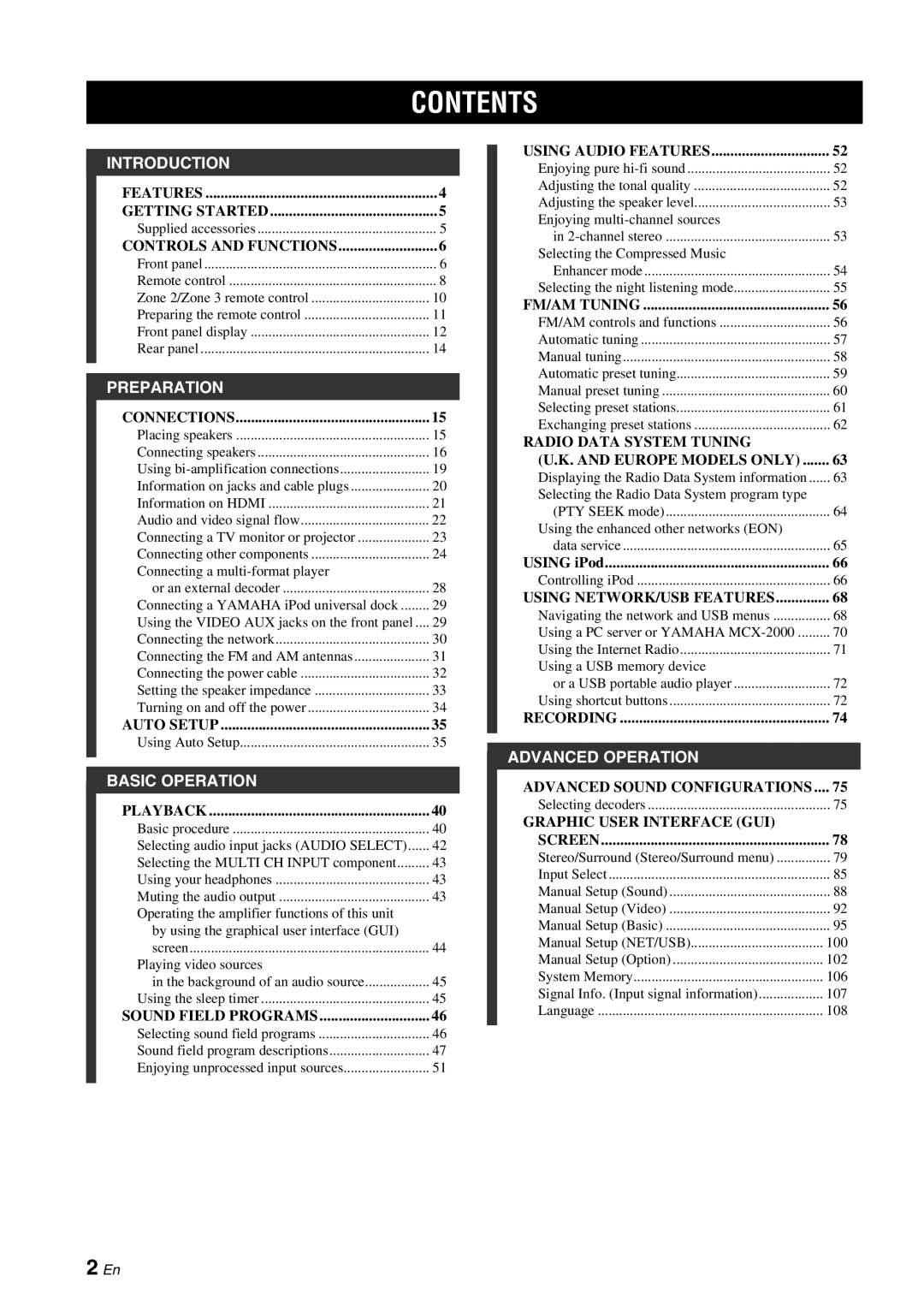 Yamaha RX-V2700 owner manual Contents 