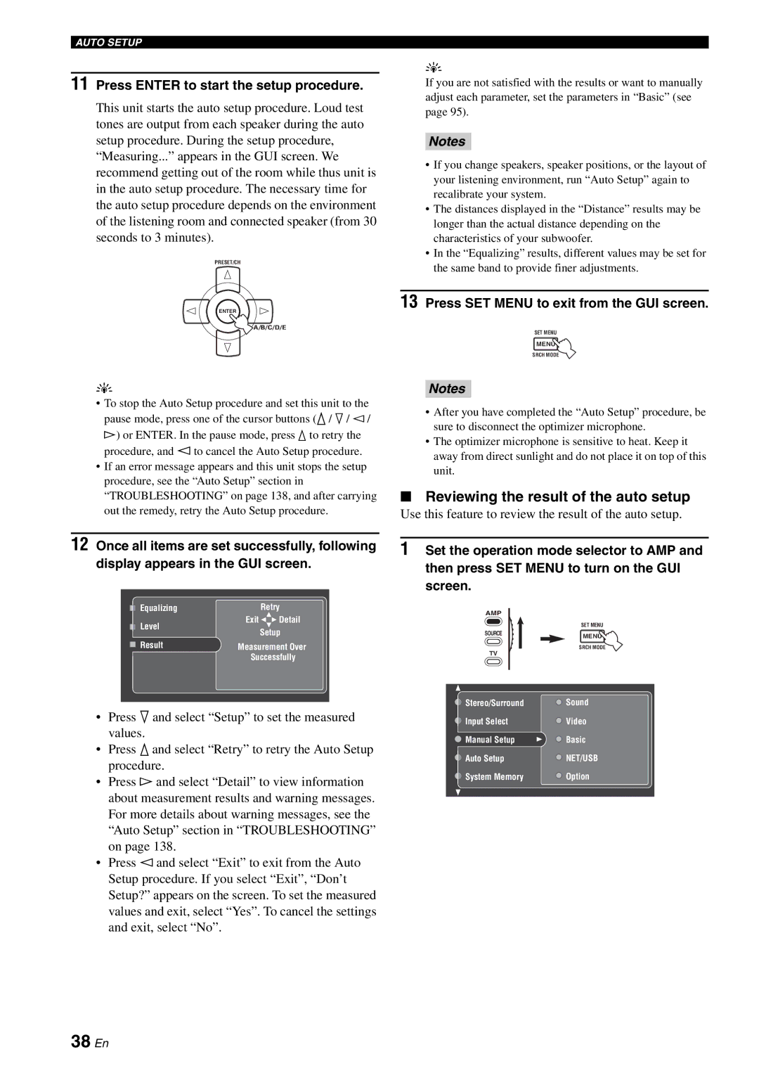 Yamaha RX-V2700 owner manual 38 En, Reviewing the result of the auto setup, Press Enter to start the setup procedure 