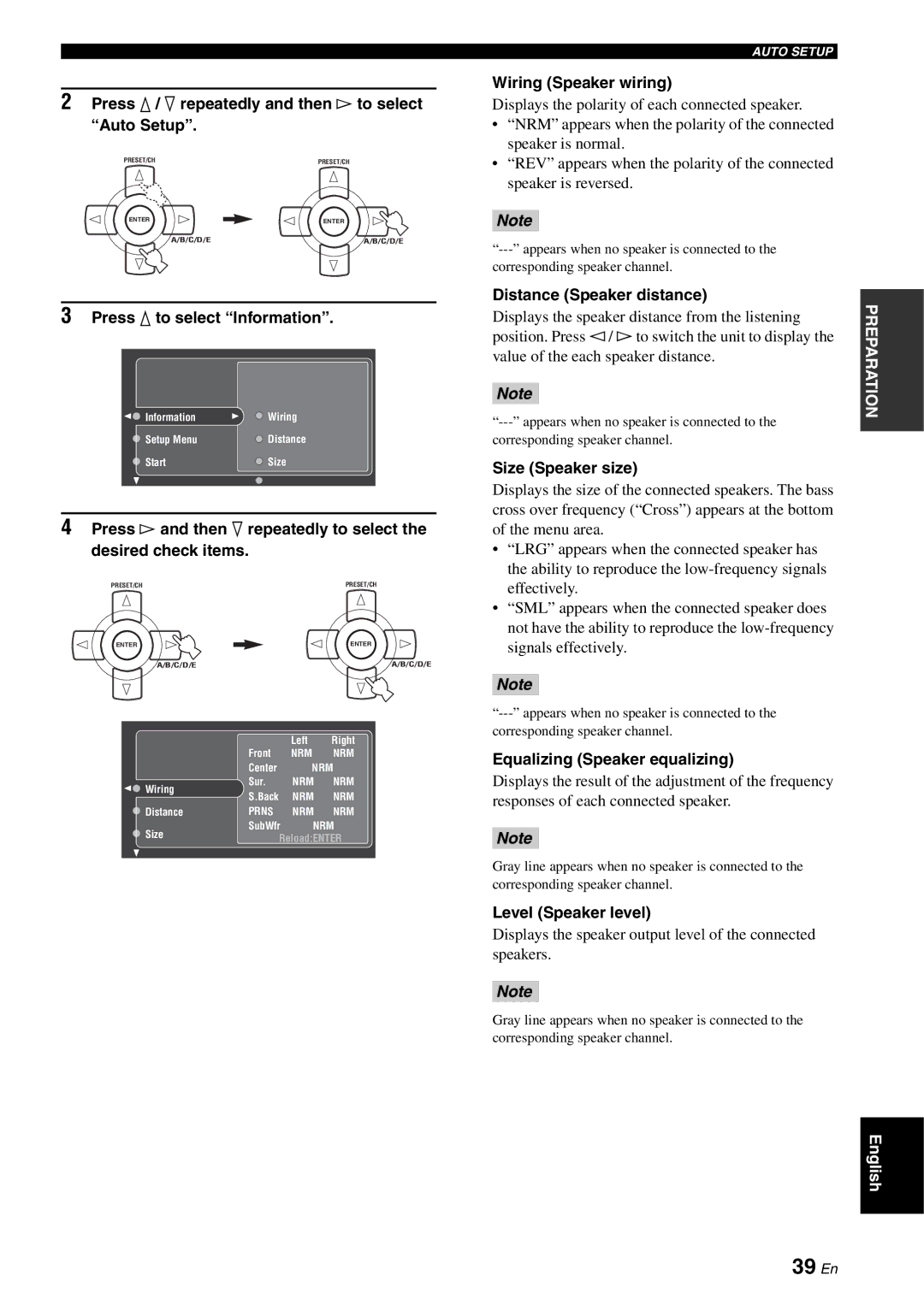 Yamaha RX-V2700 owner manual 39 En, Press k to select Information, Distance Speaker distance, Equalizing Speaker equalizing 