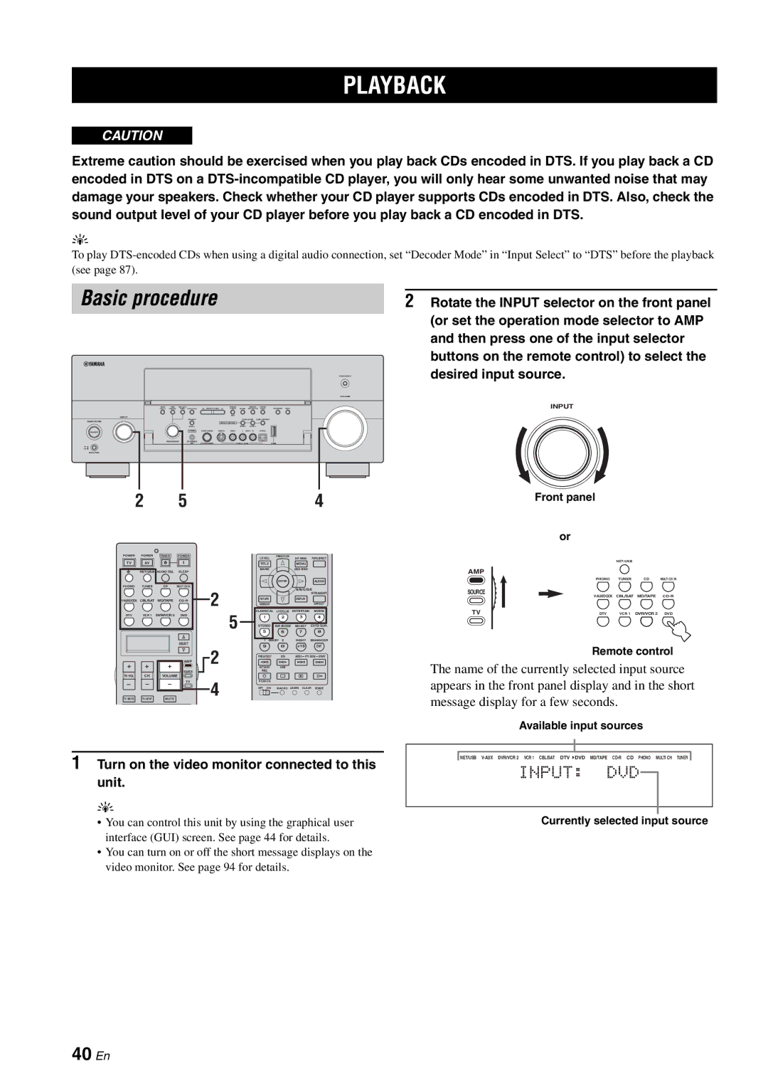 Yamaha RX-V2700 owner manual Playback, Basic procedure, 40 En, Turn on the video monitor connected to this unit 