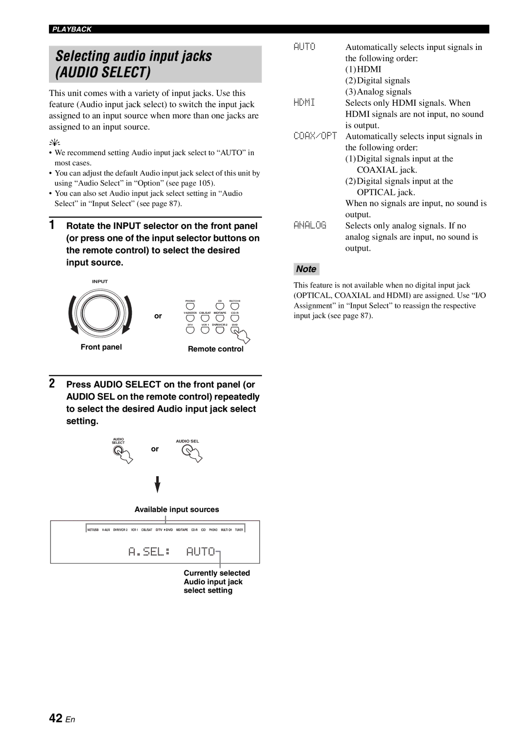 Yamaha RX-V2700 owner manual Selecting audio input jacks, 42 En 