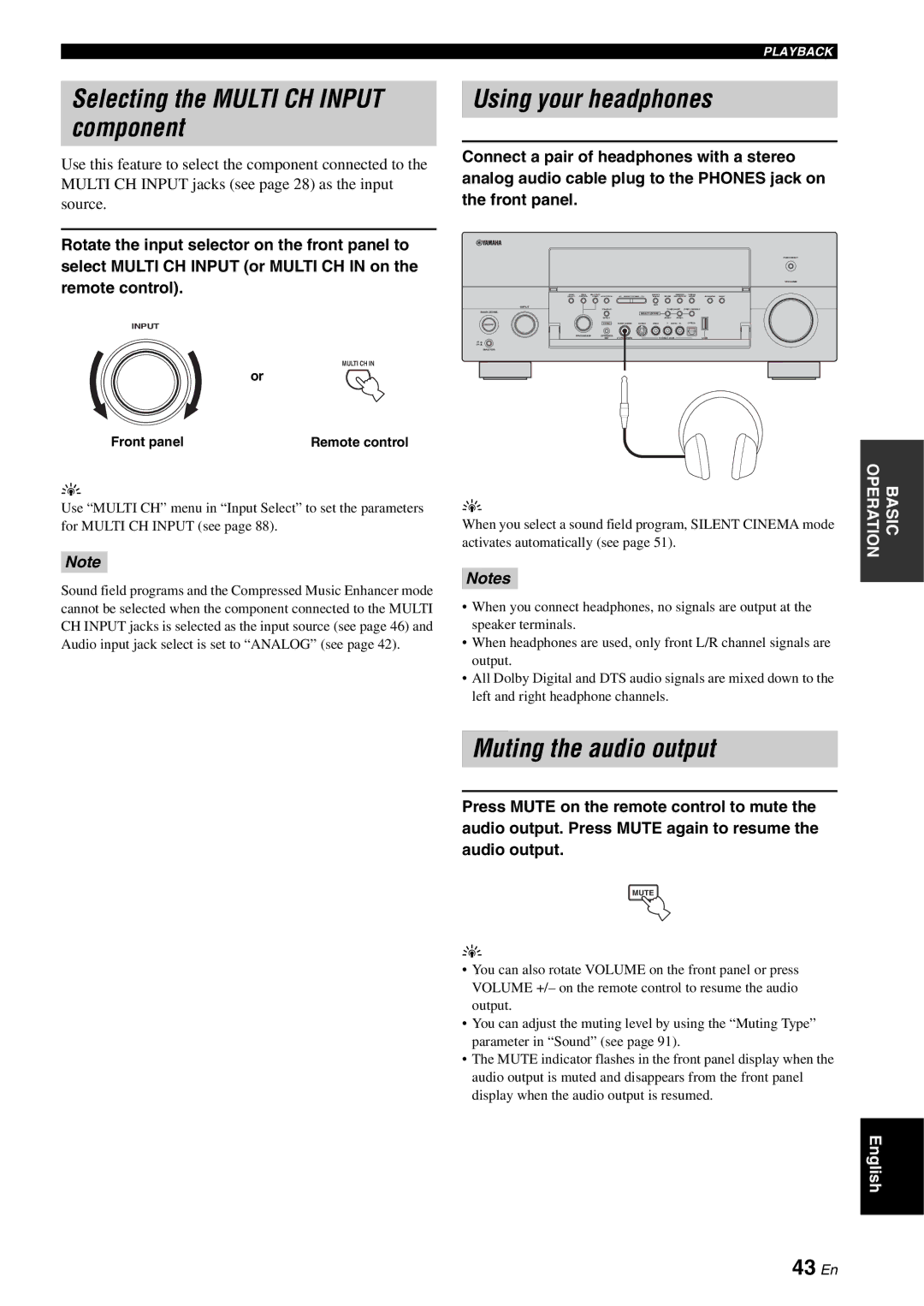 Yamaha RX-V2700 owner manual Selecting the Multi CH Input component, Using your headphones, Muting the audio output, 43 En 