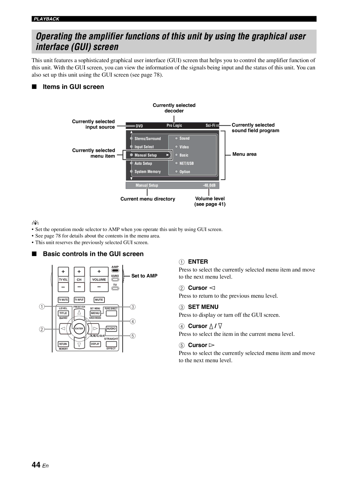 Yamaha RX-V2700 owner manual 44 En, Items in GUI screen, Basic controls in the GUI screen, Enter 