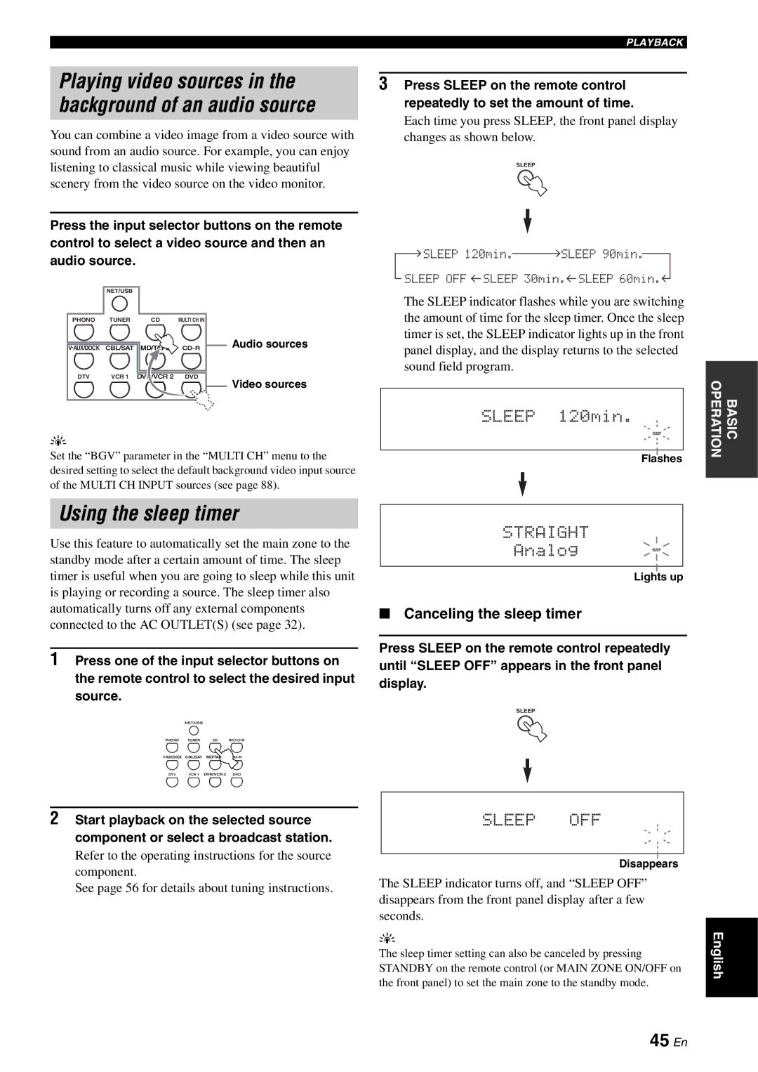 Yamaha RX-V2700 owner manual Playing video sources, Using the sleep timer, 45 En, Canceling the sleep timer 