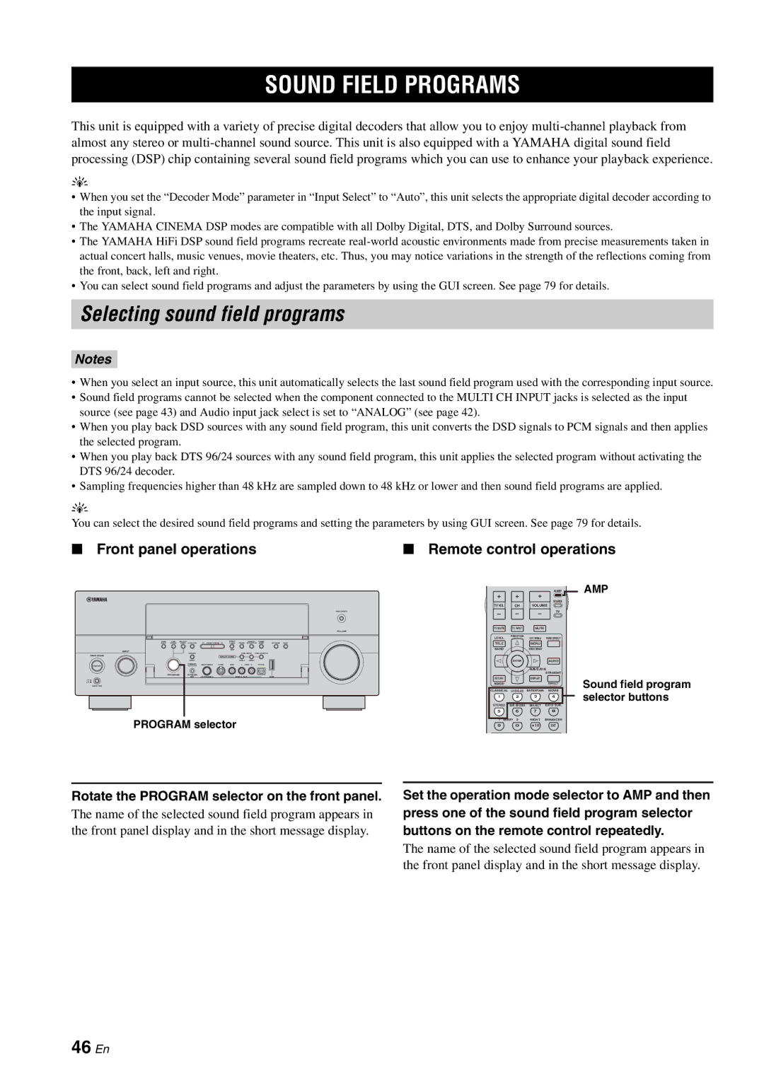 Yamaha RX-V2700 owner manual Sound Field Programs, Selecting sound field programs, 46 En 