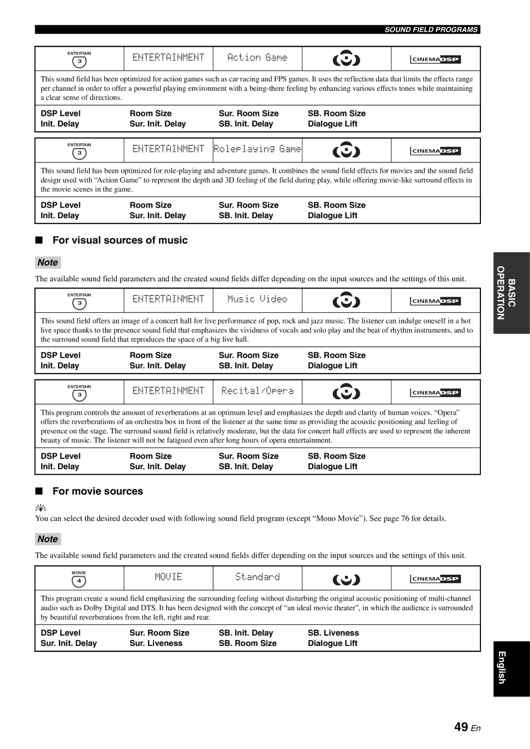 Yamaha RX-V2700 owner manual 49 En, For visual sources of music, For movie sources, Entertainment 