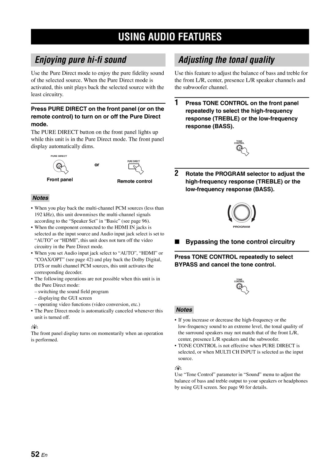 Yamaha RX-V2700 owner manual Using Audio Features, Enjoying pure hi-fi sound Adjusting the tonal quality, 52 En 