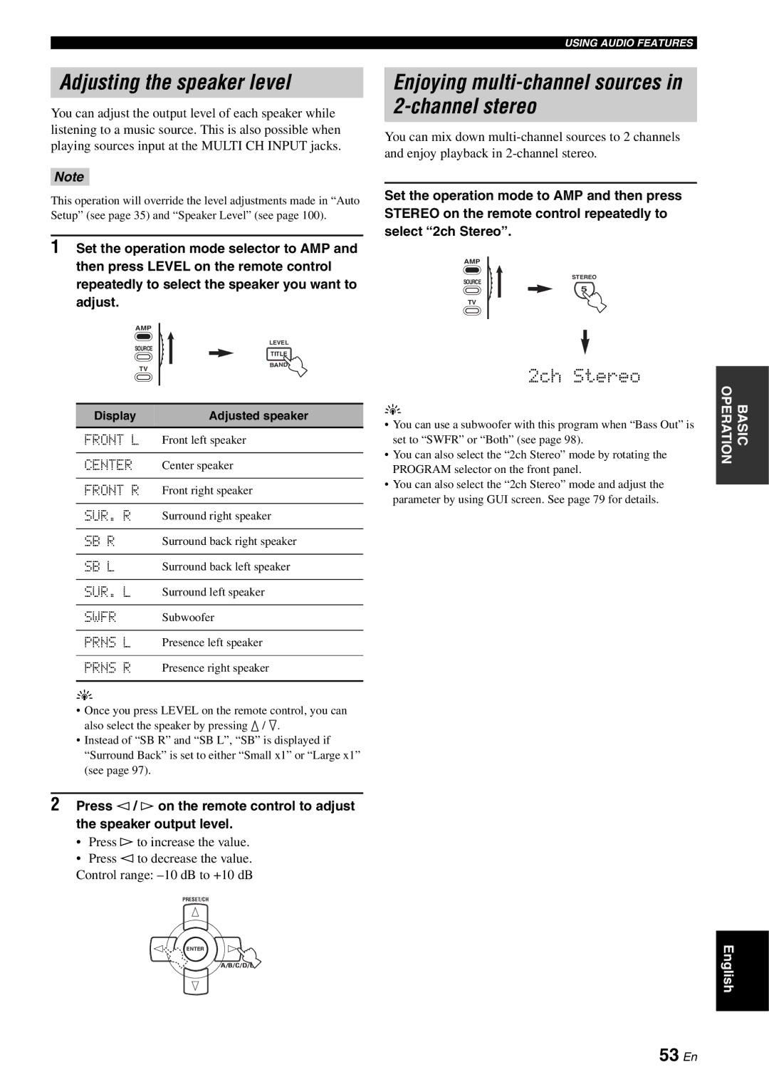 Yamaha RX-V2700 owner manual Adjusting the speaker level, Enjoying multi-channel sources in 2-channel stereo, 53 En 