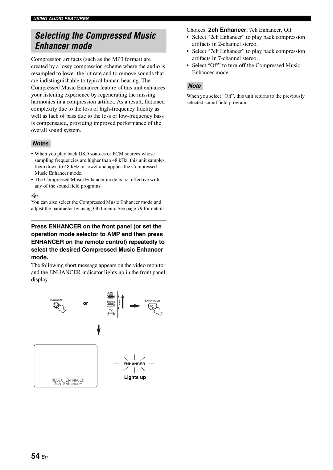 Yamaha RX-V2700 owner manual Selecting the Compressed Music Enhancer mode, 54 En 