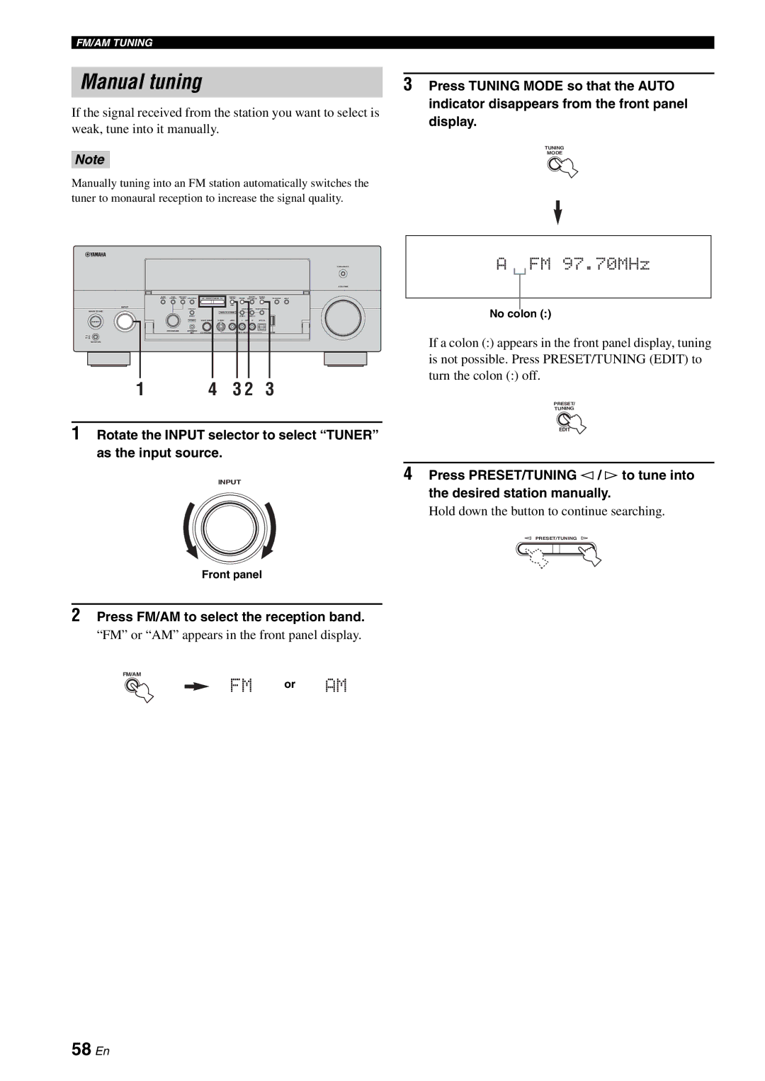 Yamaha RX-V2700 owner manual Manual tuning, 58 En, Indicator disappears from the front panel, Display 