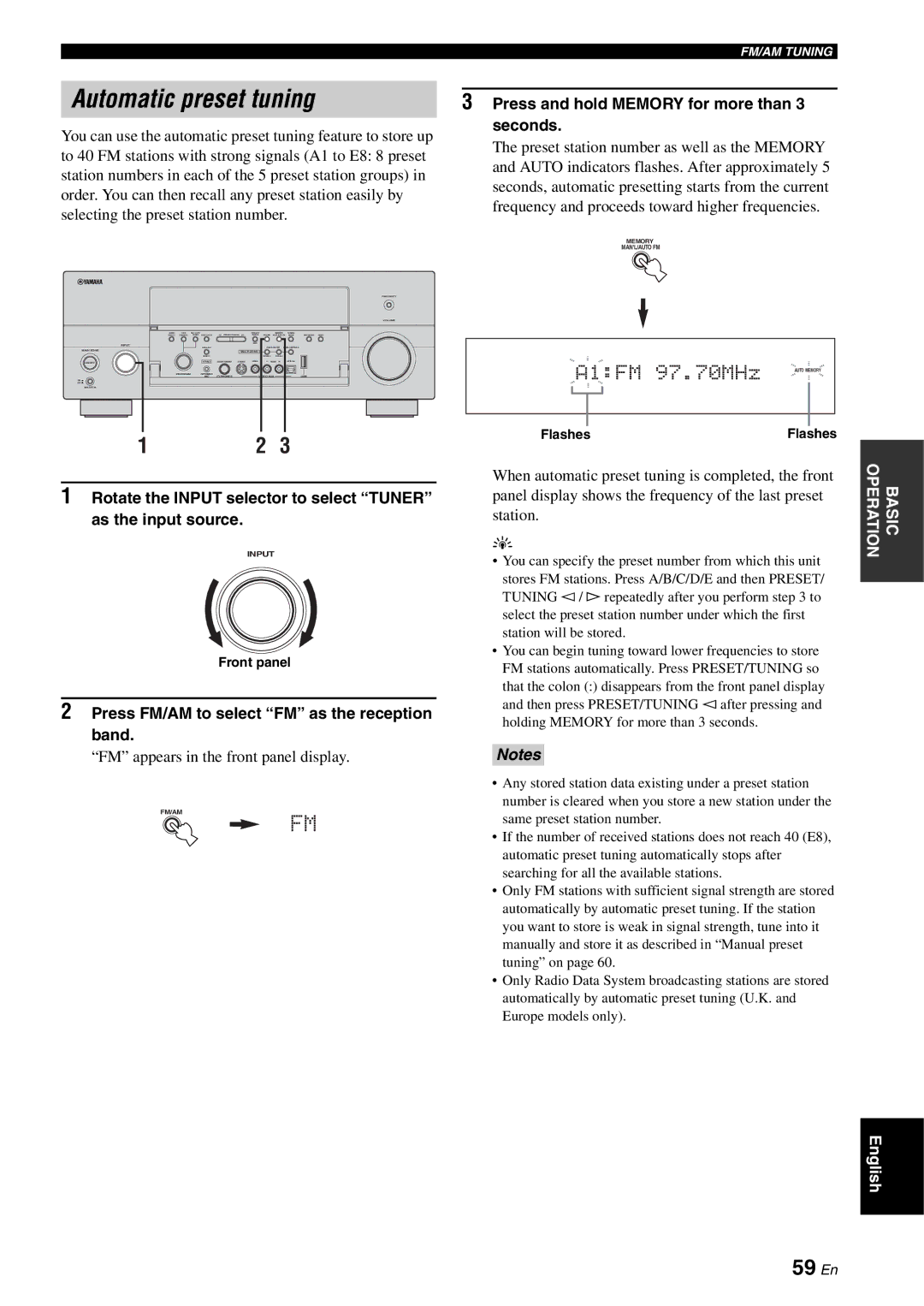 Yamaha RX-V2700 owner manual Automatic preset tuning, 59 En, Press and hold Memory for more than, Seconds 