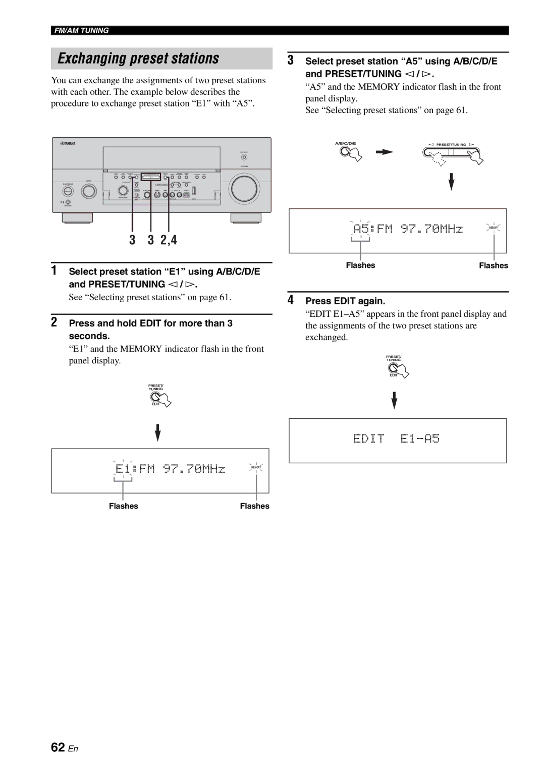 Yamaha RX-V2700 owner manual Exchanging preset stations, 2,4, 62 En 