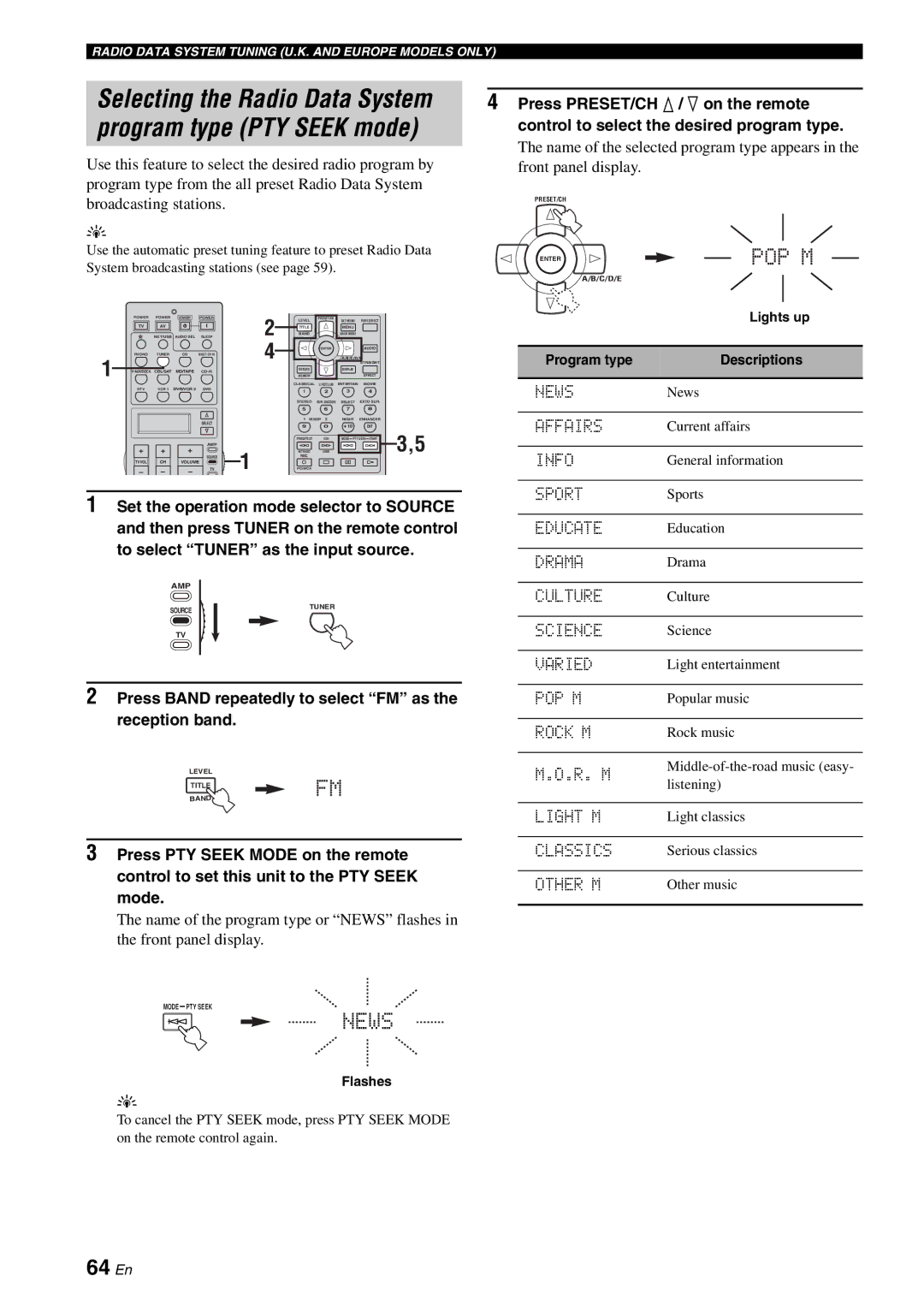 Yamaha RX-V2700 owner manual 64 En, Press PRESET/CH k / n on the remote, Control to select the desired program type 