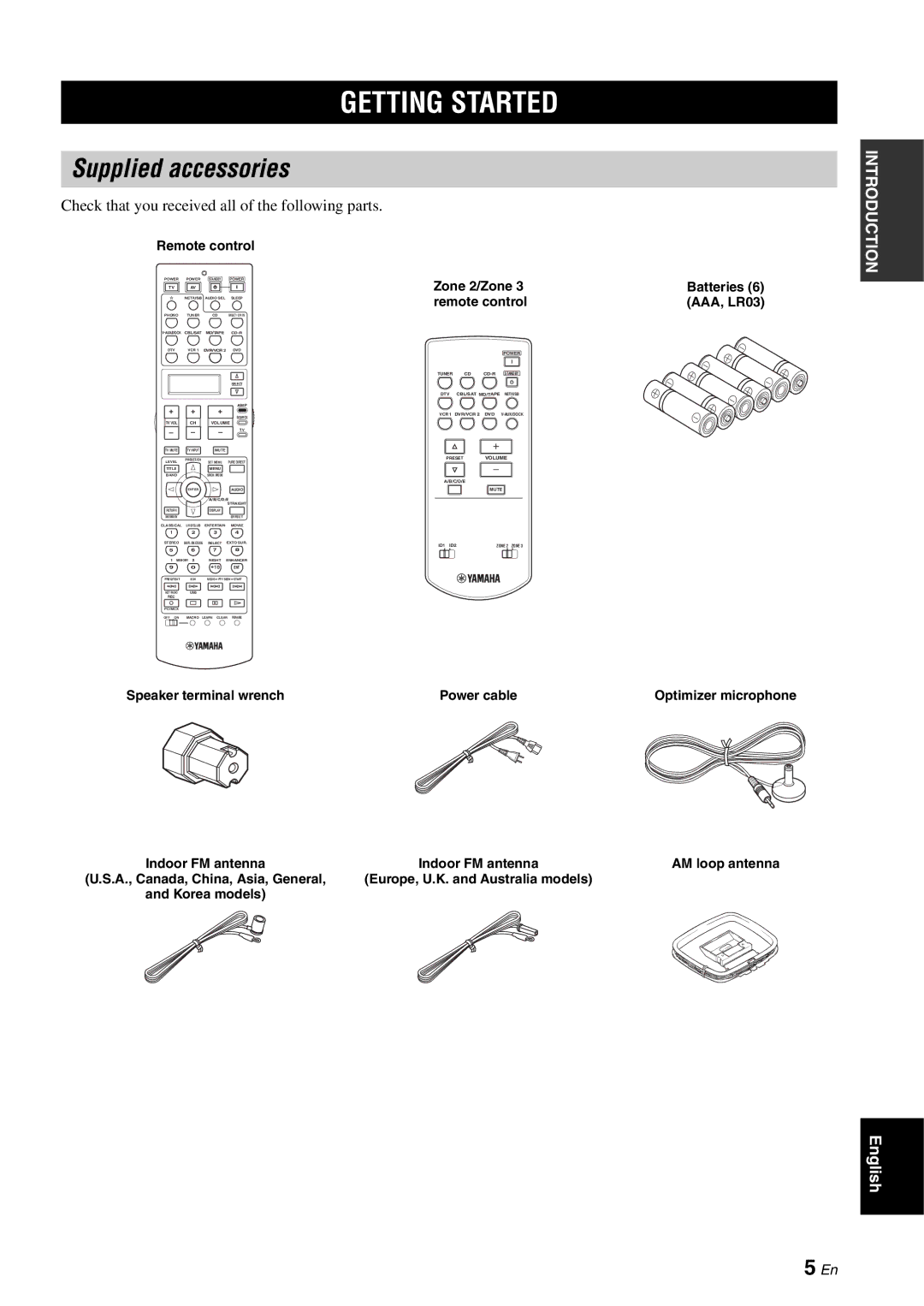 Yamaha RX-V2700 owner manual Getting Started, Supplied accessories, Check that you received all of the following parts 