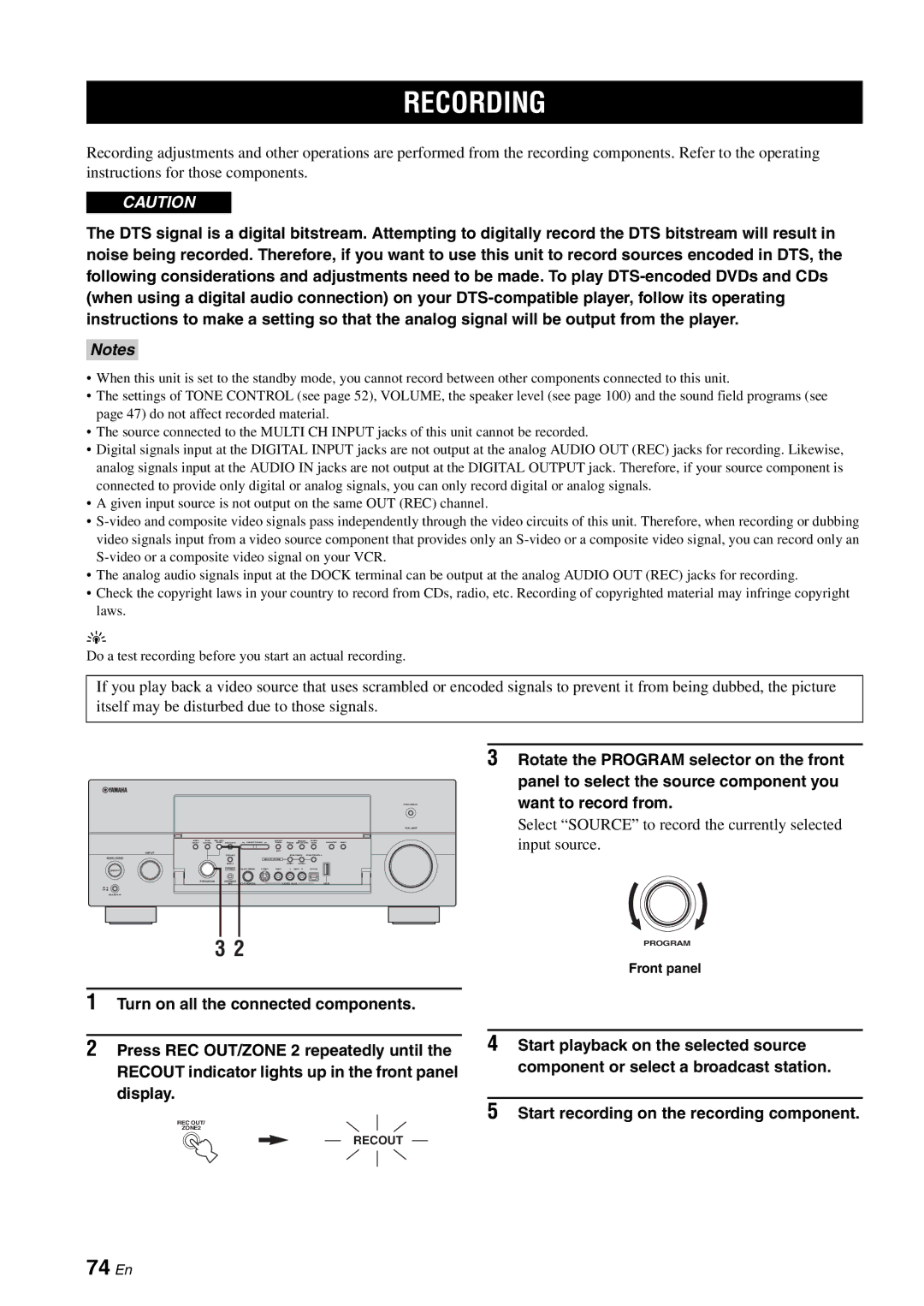 Yamaha RX-V2700 owner manual Recording, 74 En, Select Source to record the currently selected input source 