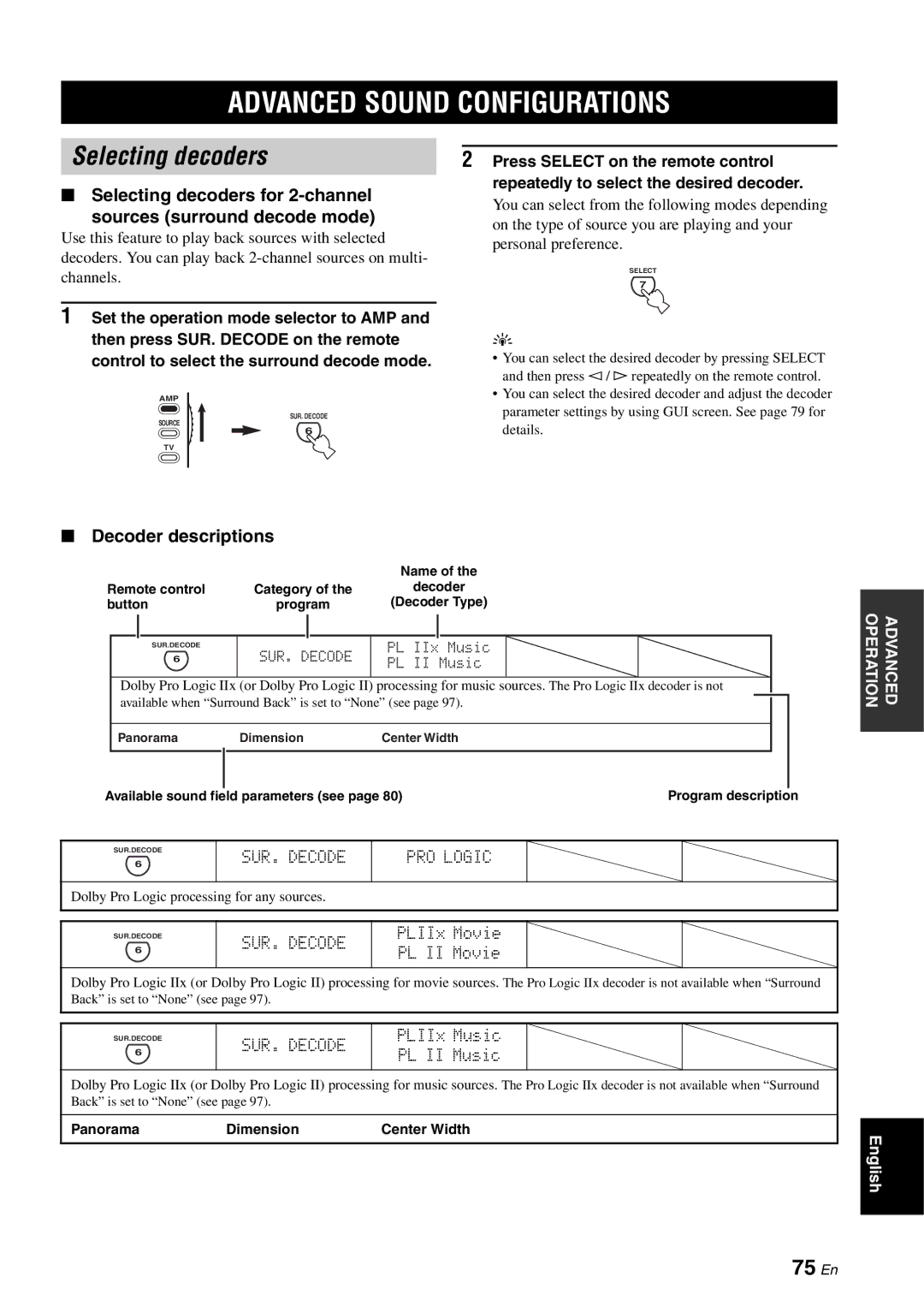 Yamaha RX-V2700 owner manual Advanced Sound Configurations, Selecting decoders, 75 En 