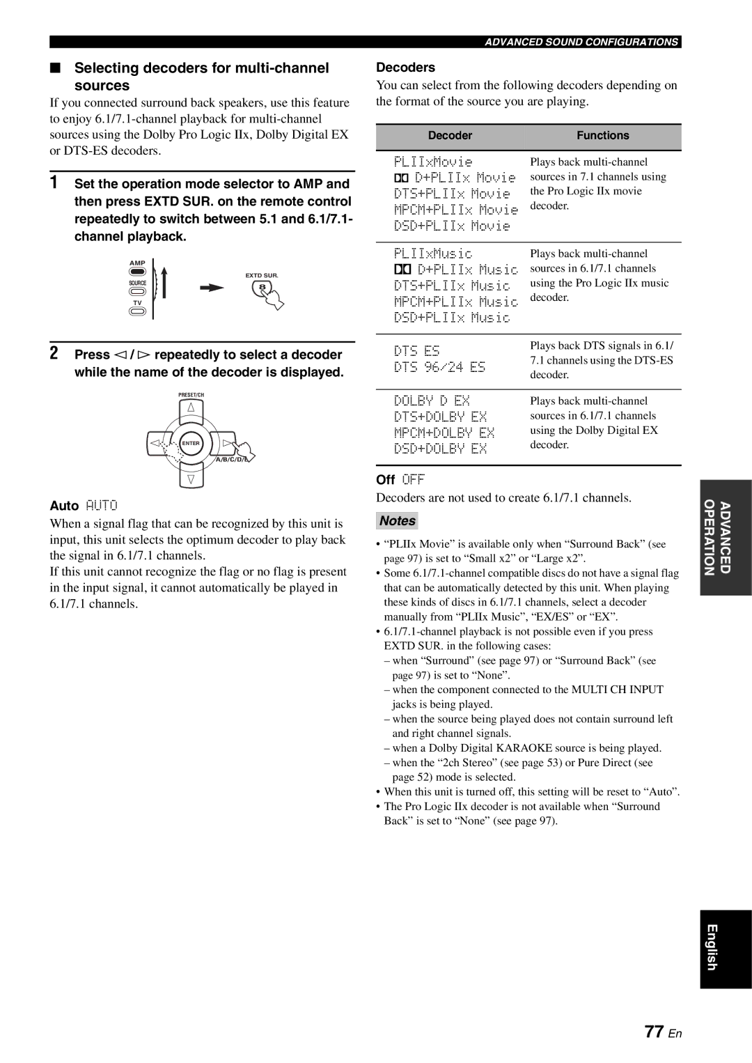 Yamaha RX-V2700 owner manual 77 En, Selecting decoders for multi-channel Sources, Auto Auto, Decoders, Off OFF 