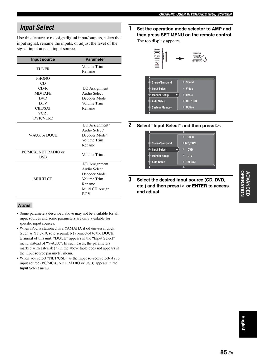 Yamaha RX-V2700 owner manual 85 En, Top display appears, Select Input Select and then press h, Input source Parameter 