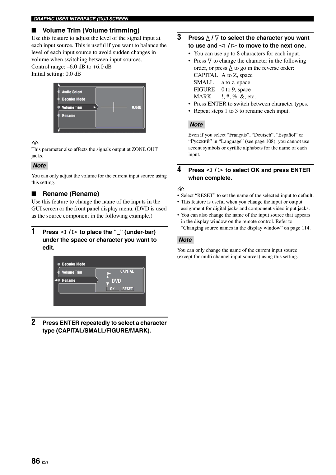 Yamaha RX-V2700 86 En, Volume Trim Volume trimming, Rename Rename, Press l / h to select OK and press Enter when complete 