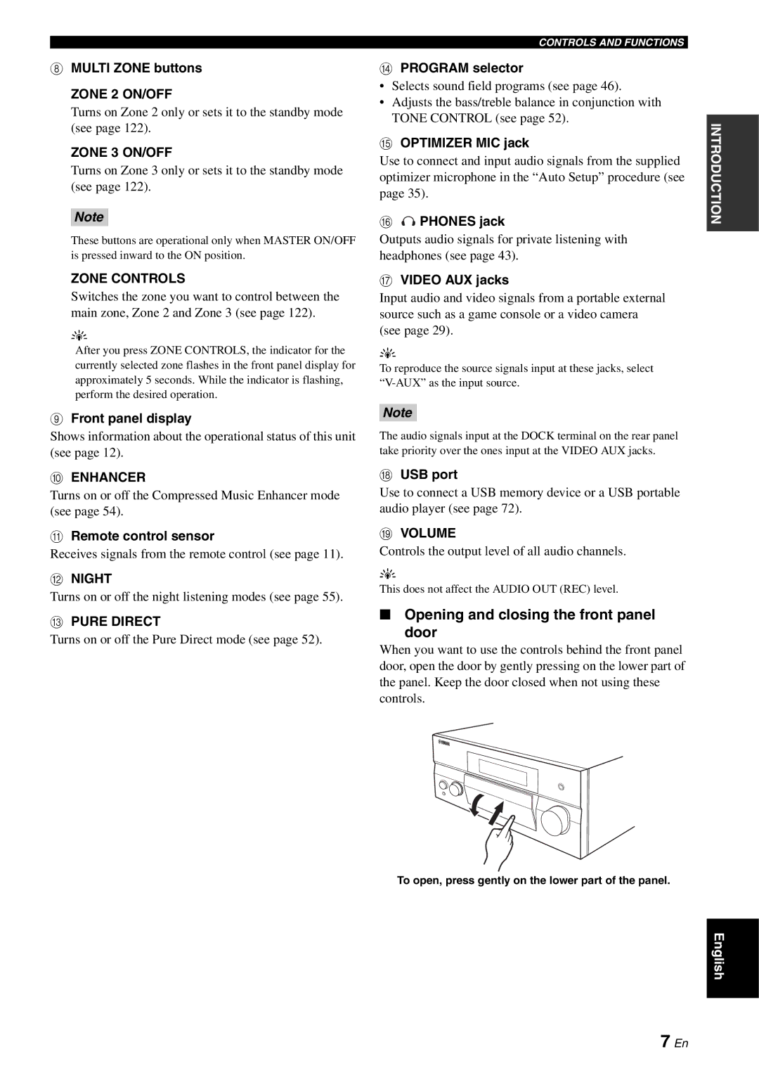 Yamaha RX-V2700 owner manual Opening and closing the front panel Door 