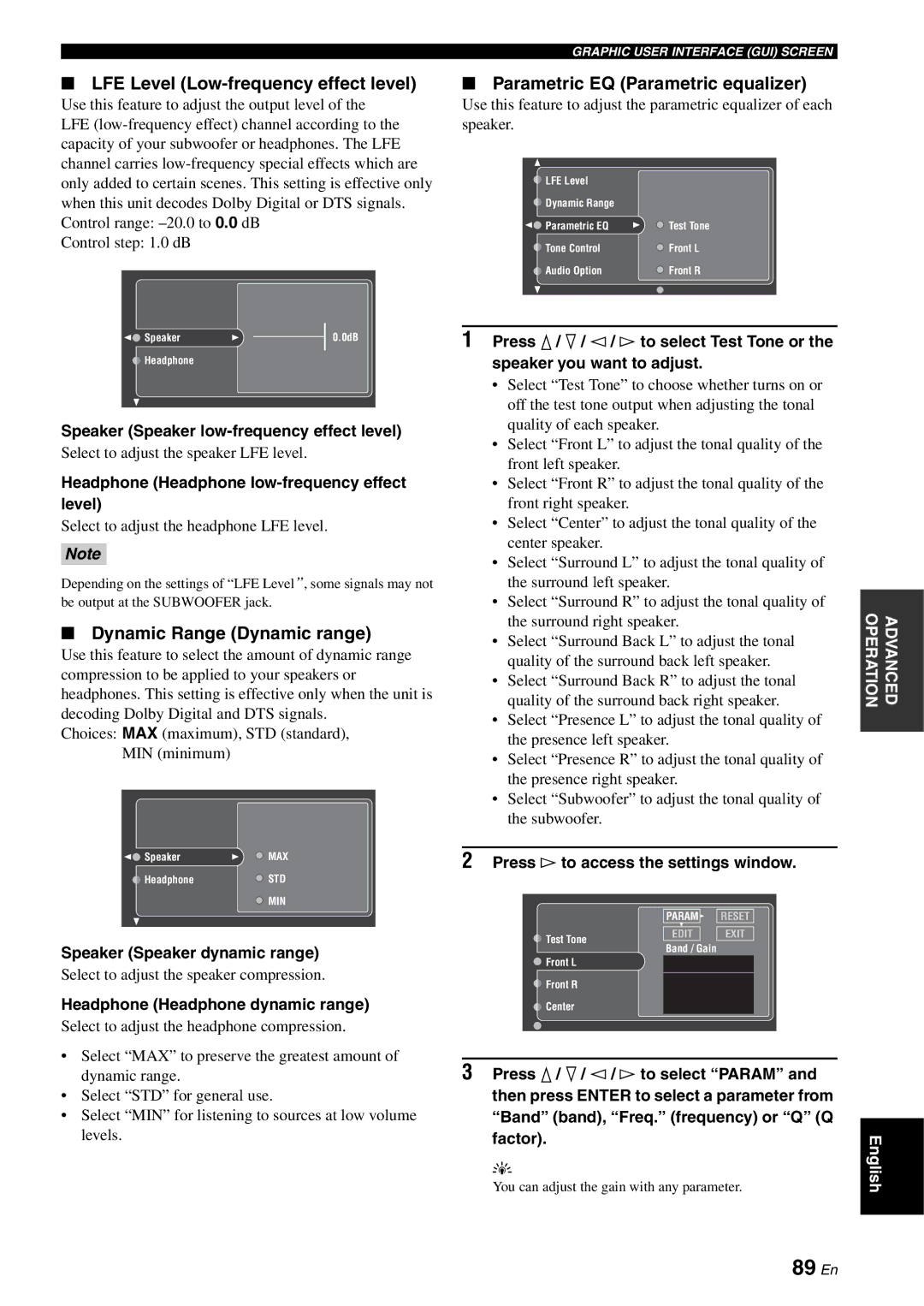 Yamaha RX-V2700 owner manual 89 En, LFE Level Low-frequency effect level, Dynamic Range Dynamic range 