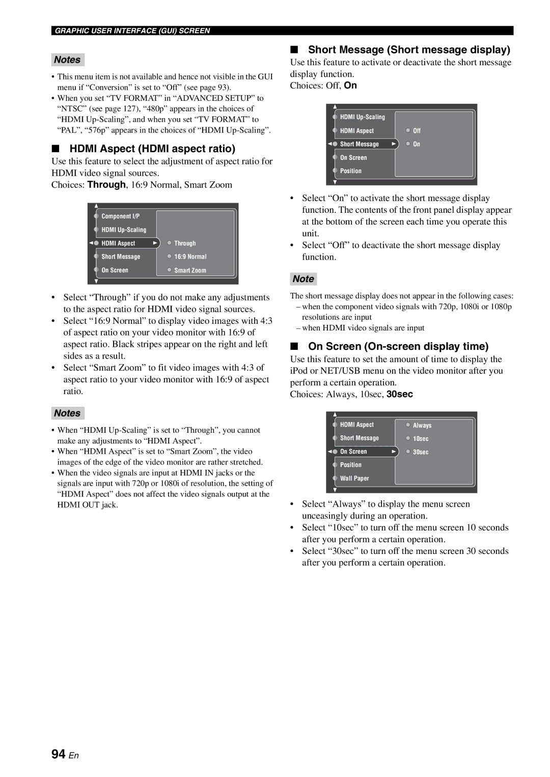 Yamaha RX-V2700 owner manual 94 En, Hdmi Aspect Hdmi aspect ratio, Short Message Short message display 