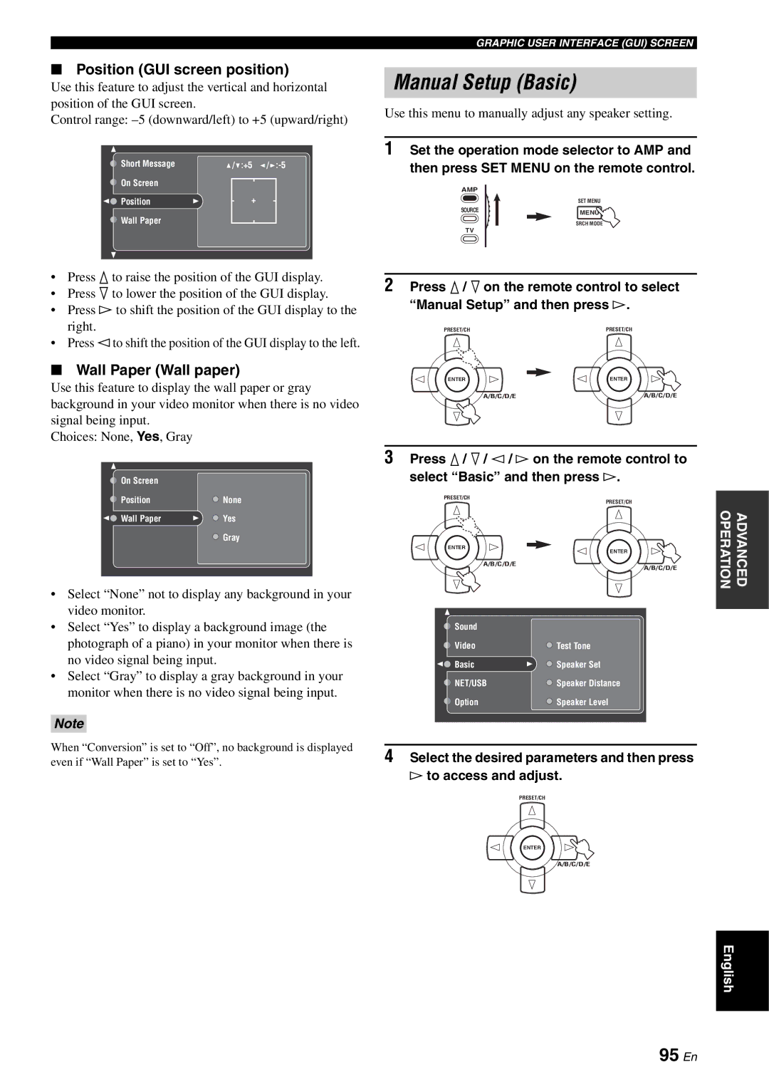 Yamaha RX-V2700 owner manual Manual Setup Basic, 95 En, Position GUI screen position, Wall Paper Wall paper 