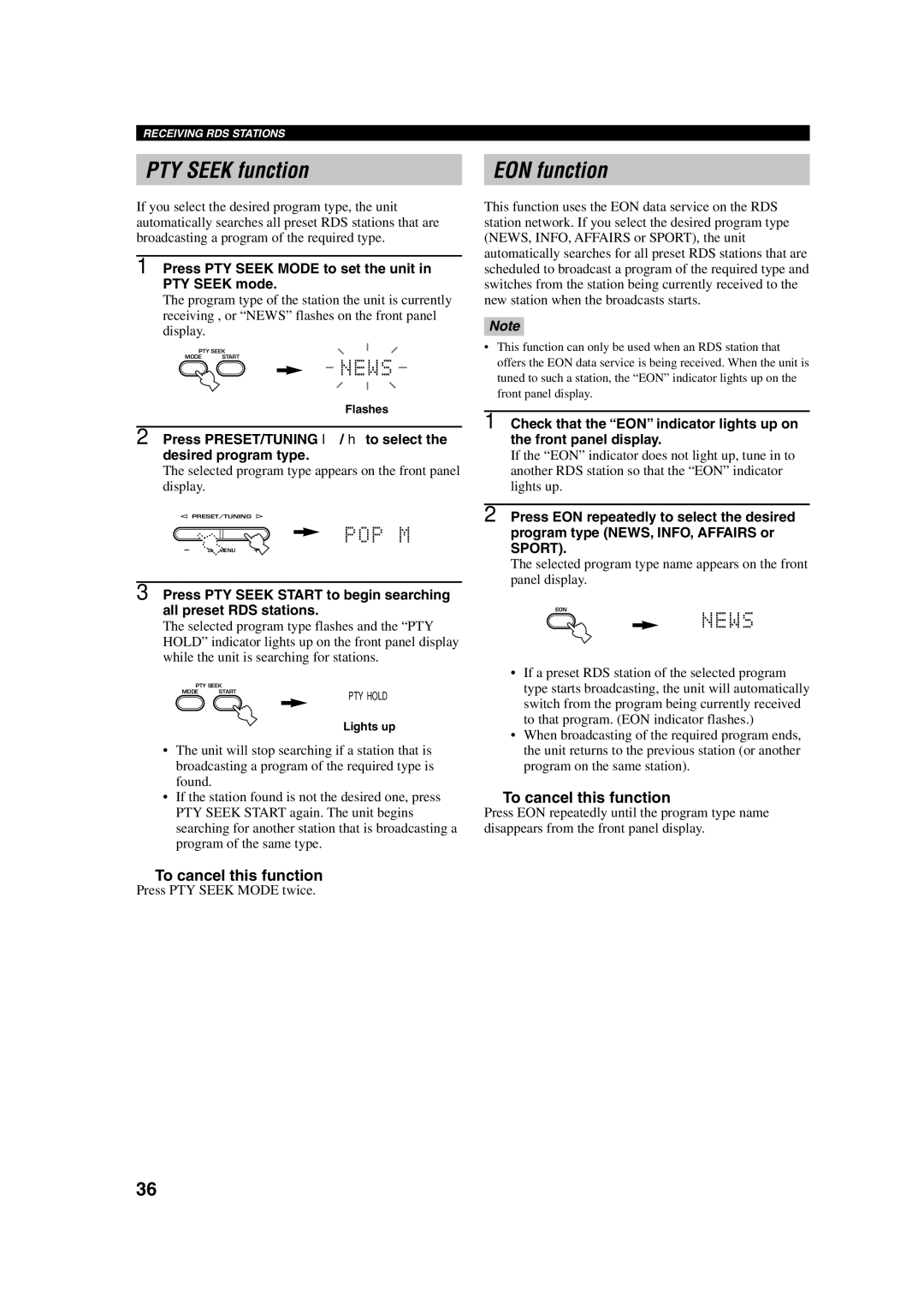 Yamaha RX-V340RDS owner manual PTY Seek function, EON function, To cancel this function 