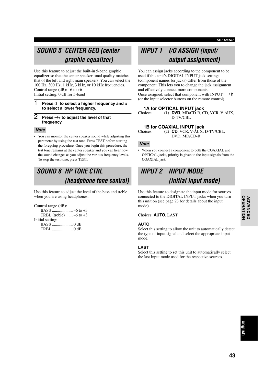 Yamaha RX-V340RDS owner manual Sound 5 Center GEQ center Graphic equalizer, Input 1 I/O Assign input Output assignment 