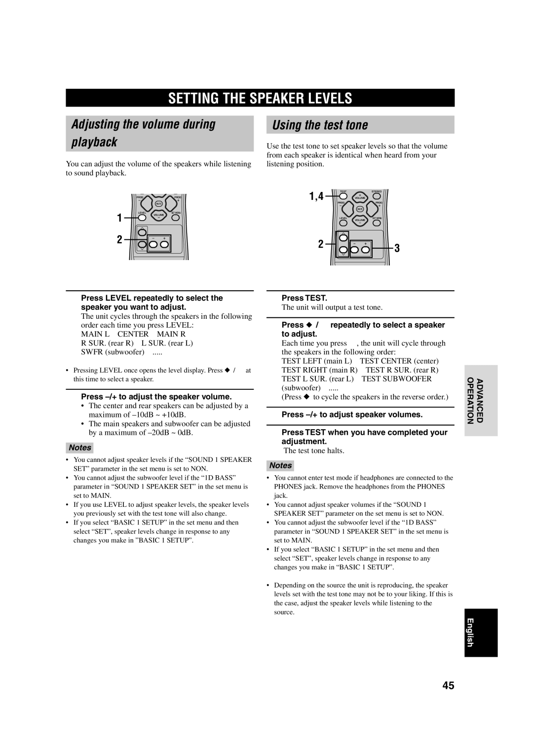 Yamaha RX-V340RDS owner manual Setting the Speaker Levels, Adjusting the volume during Playback, Using the test tone 