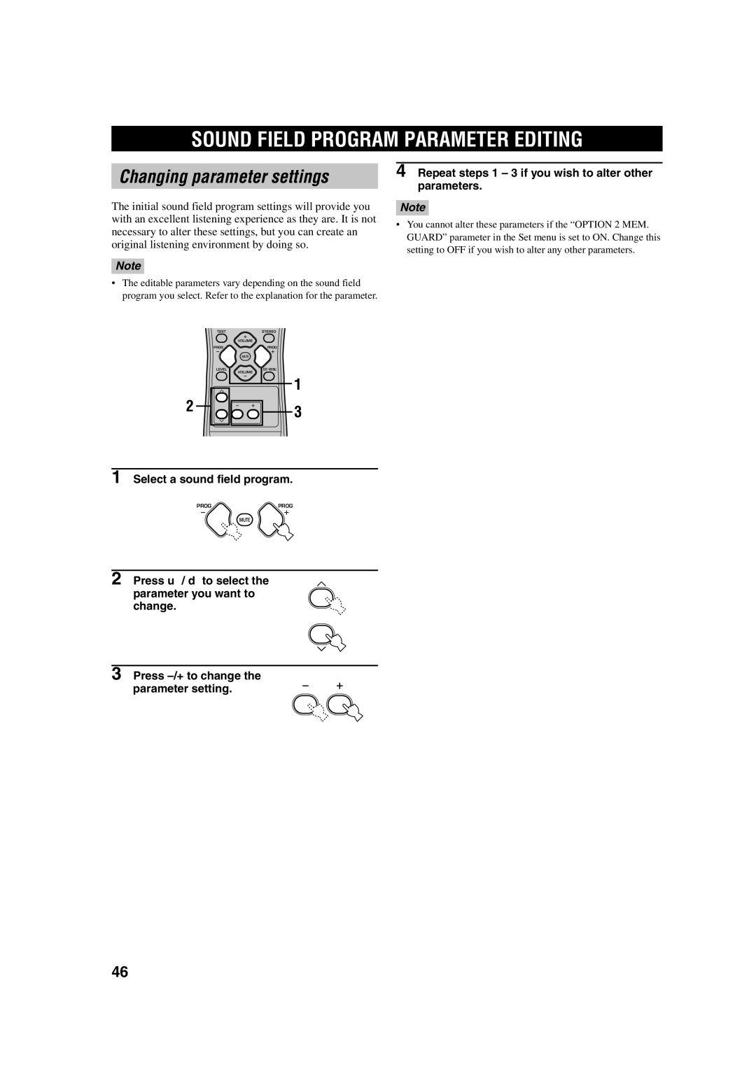 Yamaha RX-V340RDS Sound Field Program Parameter Editing, Changing parameter settings, Select a sound field program 