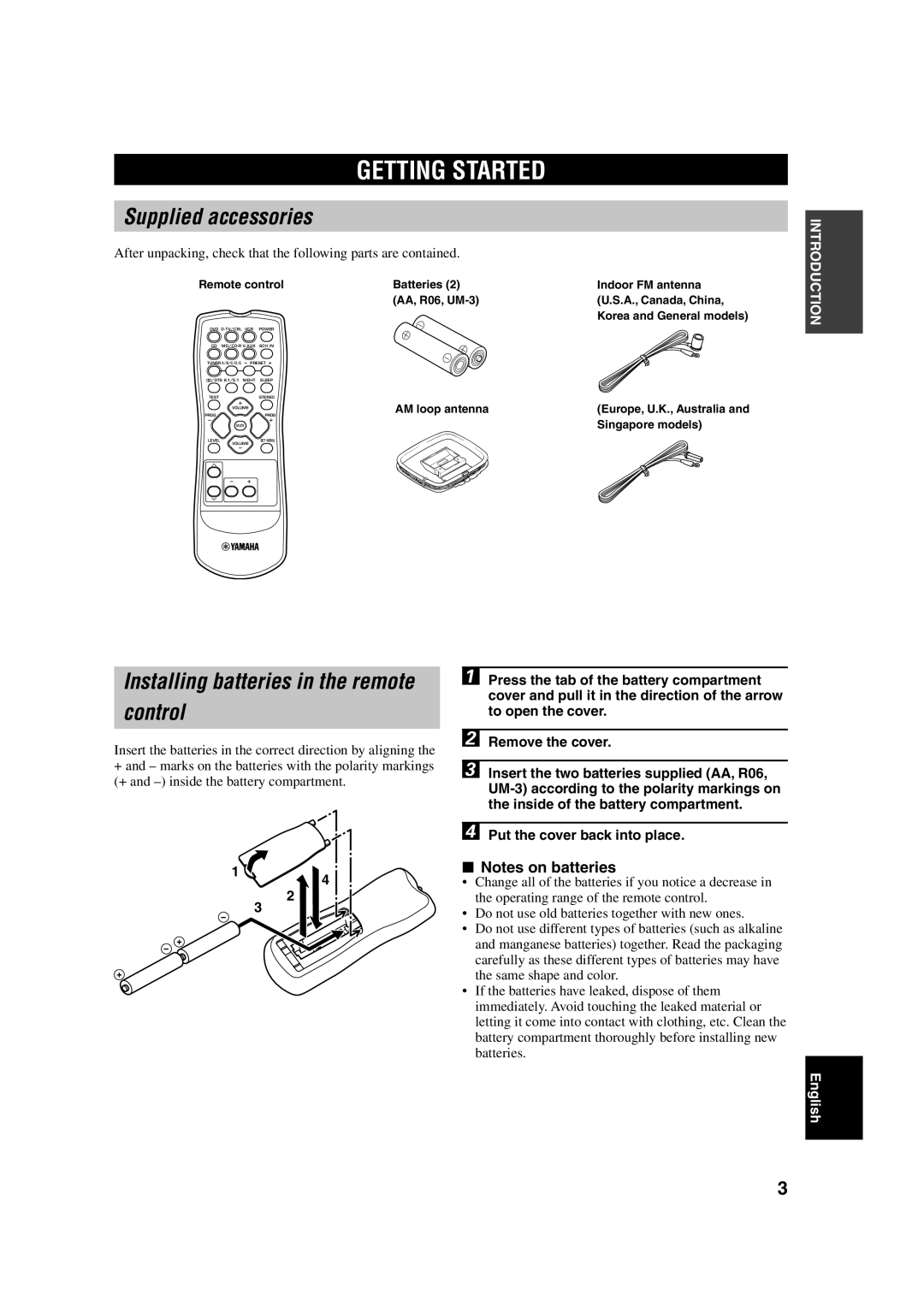 Yamaha RX-V340RDS owner manual Getting Started, Supplied accessories, Control 