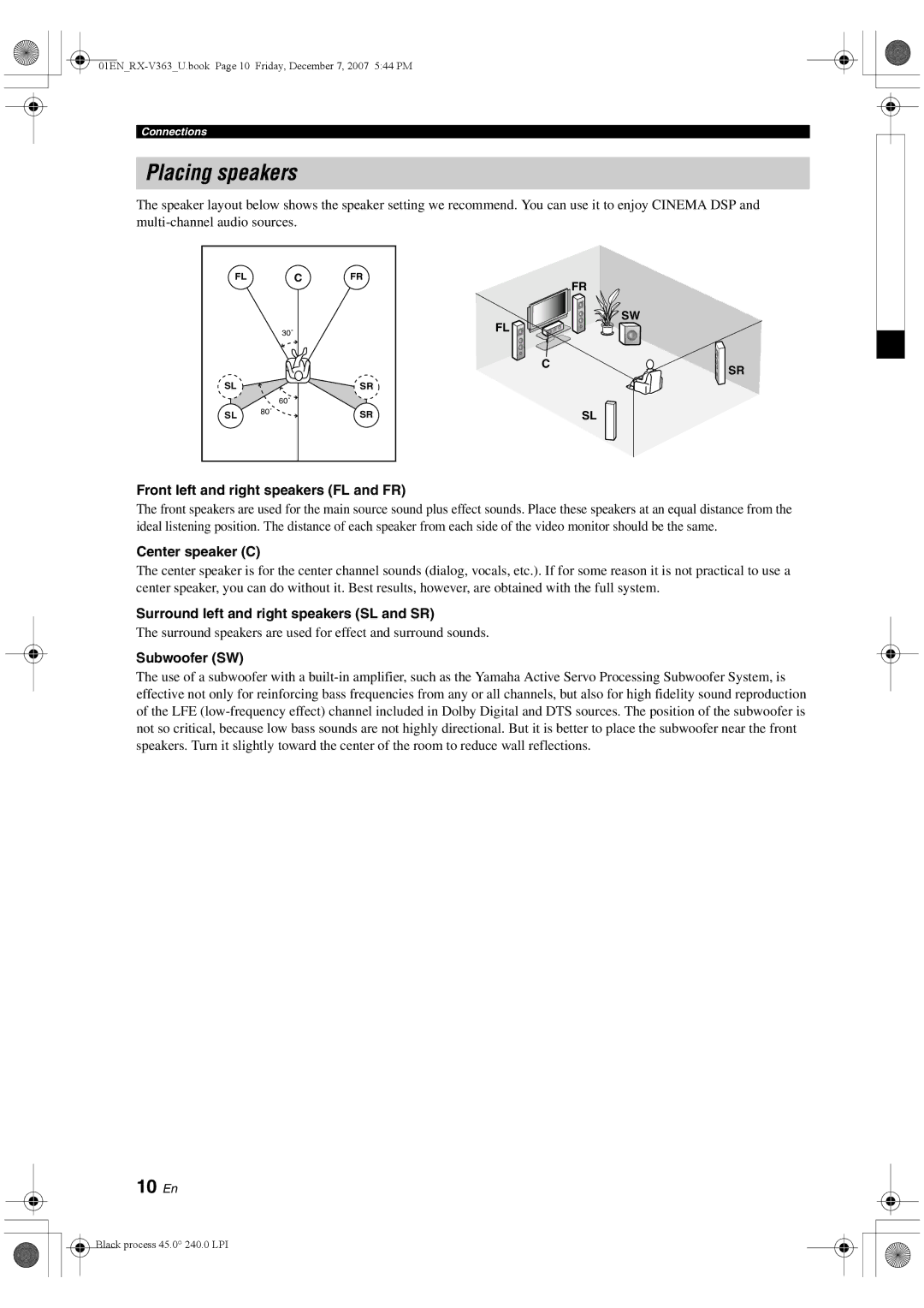 Yamaha RX-V363 owner manual Placing speakers, 10 En 