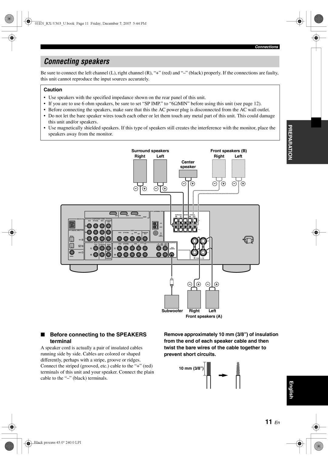 Yamaha RX-V363 owner manual Connecting speakers, 11 En, Before connecting to the Speakers Terminal 