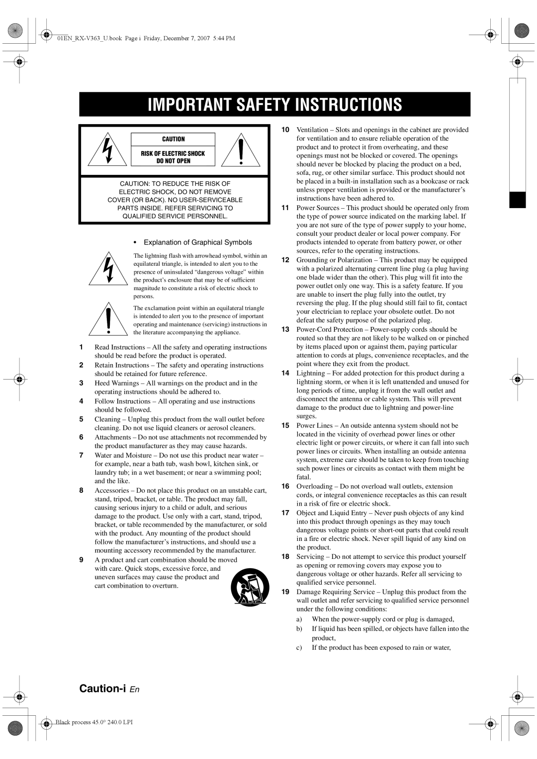 Yamaha RX-V363 owner manual Important Safety Instructions, Product and cart combination should be moved 