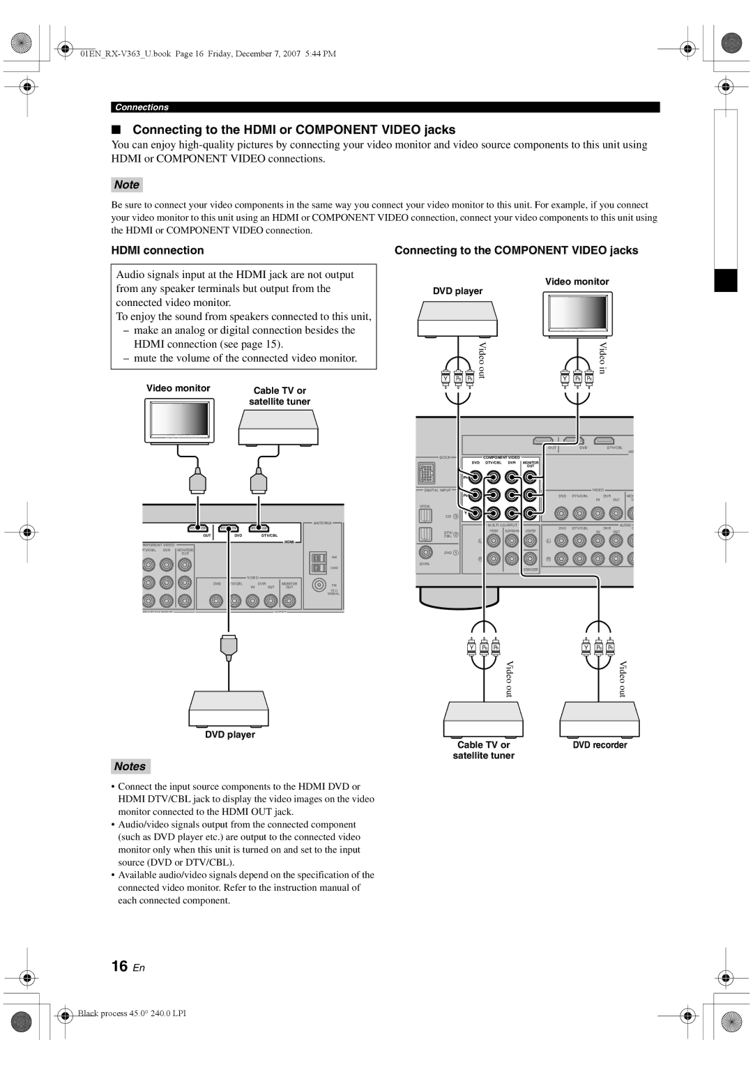 Yamaha RX-V363 owner manual 16 En, Connecting to the Hdmi or Component Video jacks, Hdmi connection 