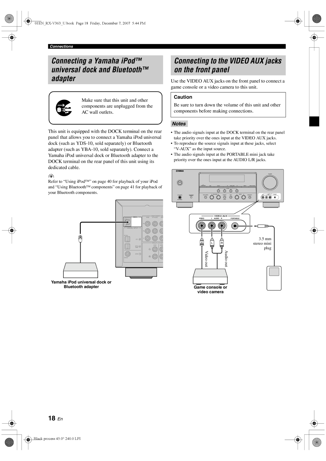 Yamaha RX-V363 owner manual Connecting to the Video AUX jacks on the front panel, 18 En 