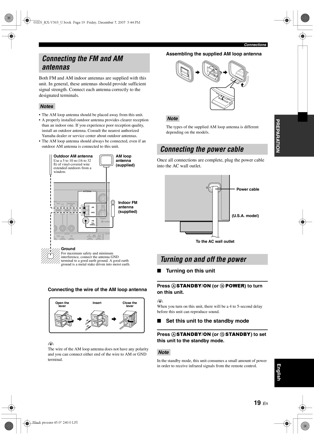 Yamaha RX-V363 Connecting the FM and AM antennas, Connecting the power cable, Turning on and off the power, 19 En 