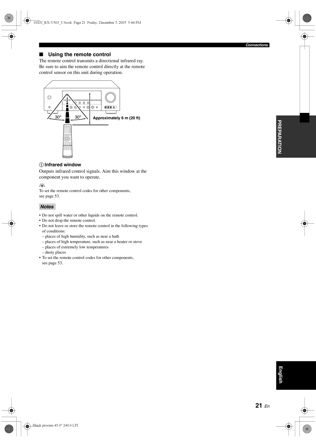 Yamaha RX-V363 owner manual 21 En, Using the remote control, 1Infrared window, 30º 