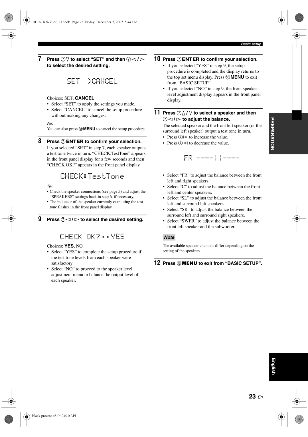 Yamaha RX-V363 CHECKTestTone, 23 En, Press 7ENTER to confirm your selection, Press 7l/ h to select the desired setting 