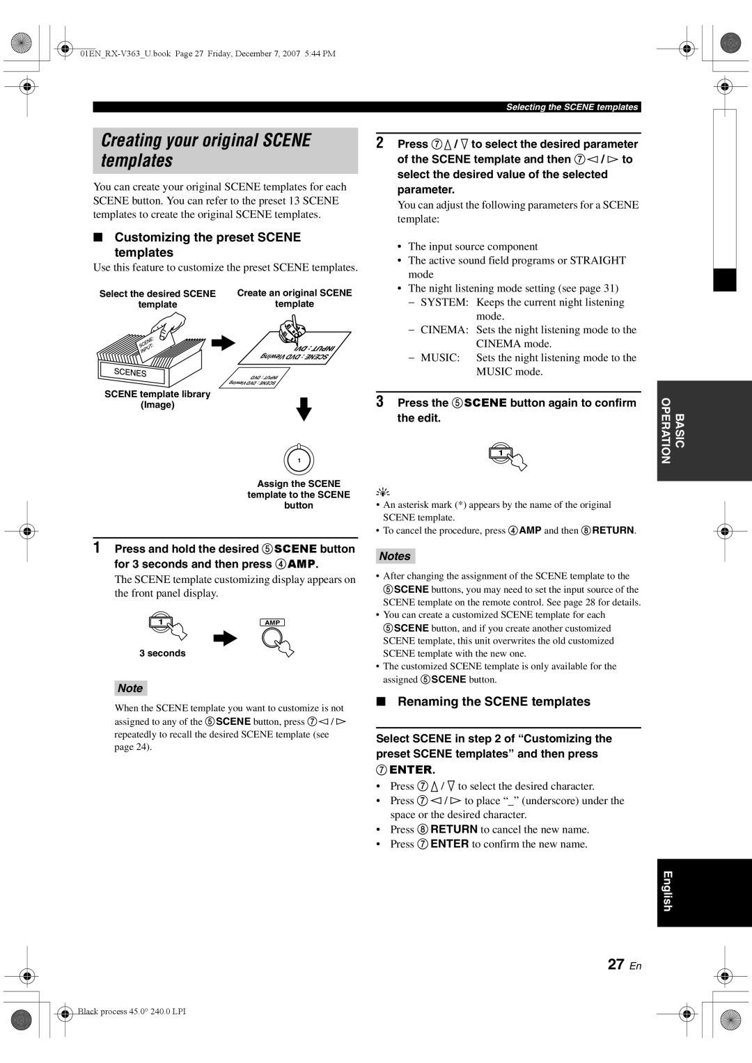 Yamaha RX-V363 owner manual Creating your original Scene templates, 27 En, Customizing the preset Scene Templates 