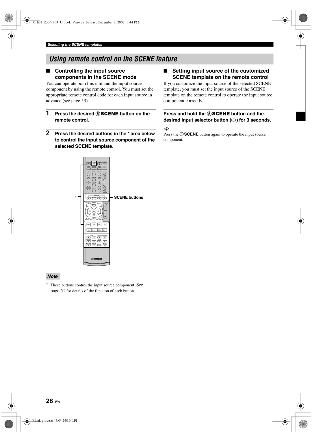 Yamaha RX-V363 Using remote control on the Scene feature, 28 En, Controlling the input source Components in the Scene mode 