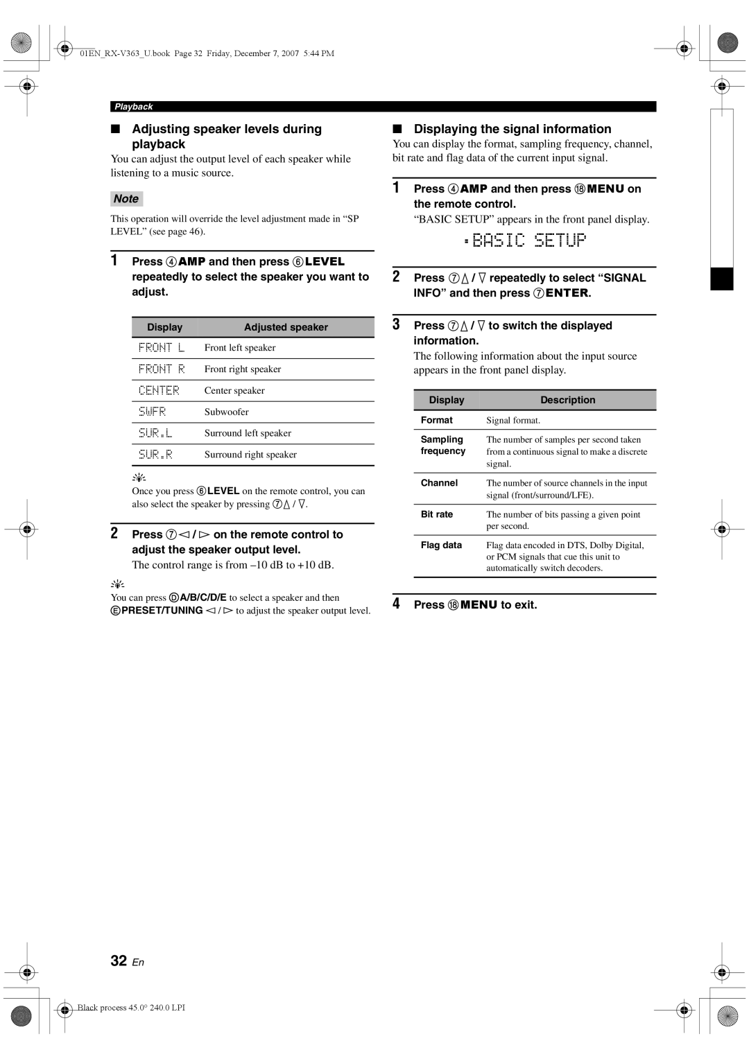 Yamaha RX-V363 32 En, Adjusting speaker levels during Playback, Displaying the signal information, Press Hmenu to exit 