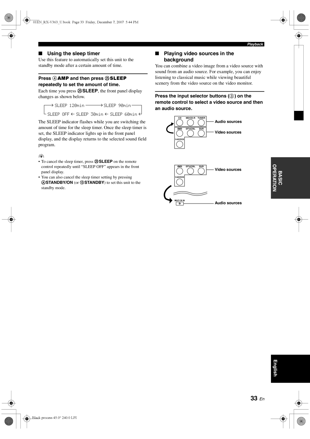 Yamaha RX-V363 owner manual 33 En, Using the sleep timer, Playing video sources Background, Audio sources, Video sources 