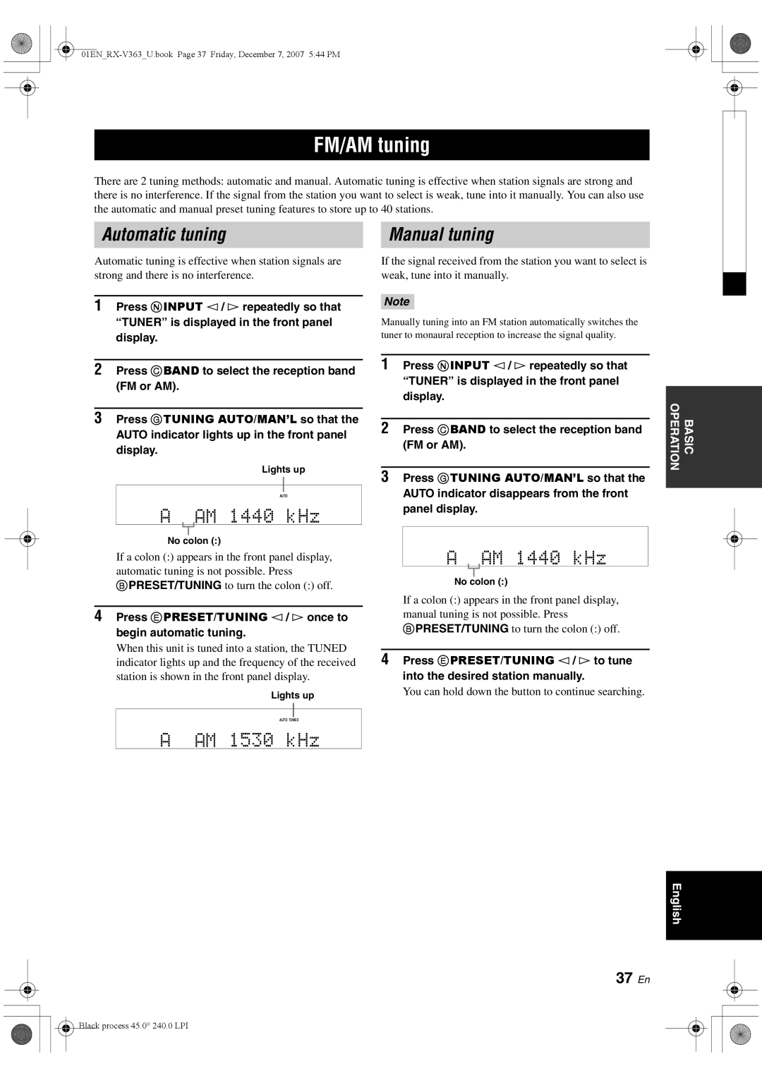 Yamaha RX-V363 owner manual FM/AM tuning, Automatic tuning, AM 1440 kHz, AM 1530 kHz, Manual tuning 