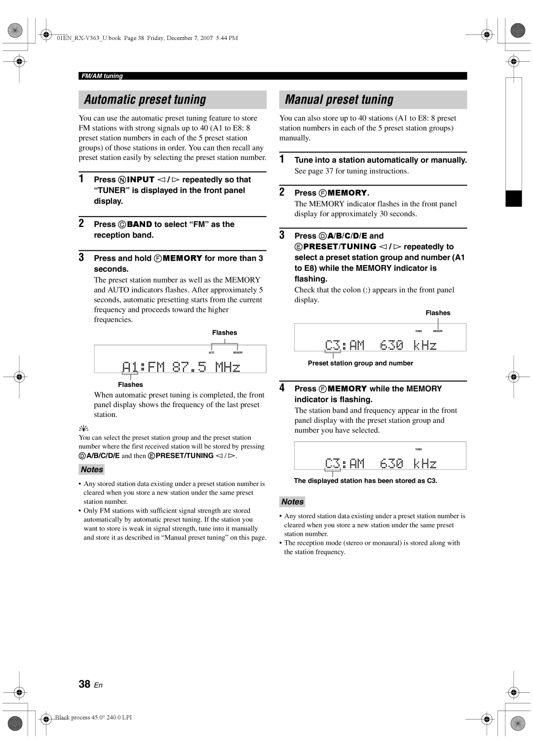 Yamaha RX-V363 owner manual Automatic preset tuning, Manual preset tuning, C3AM 630 kHz, 38 En 