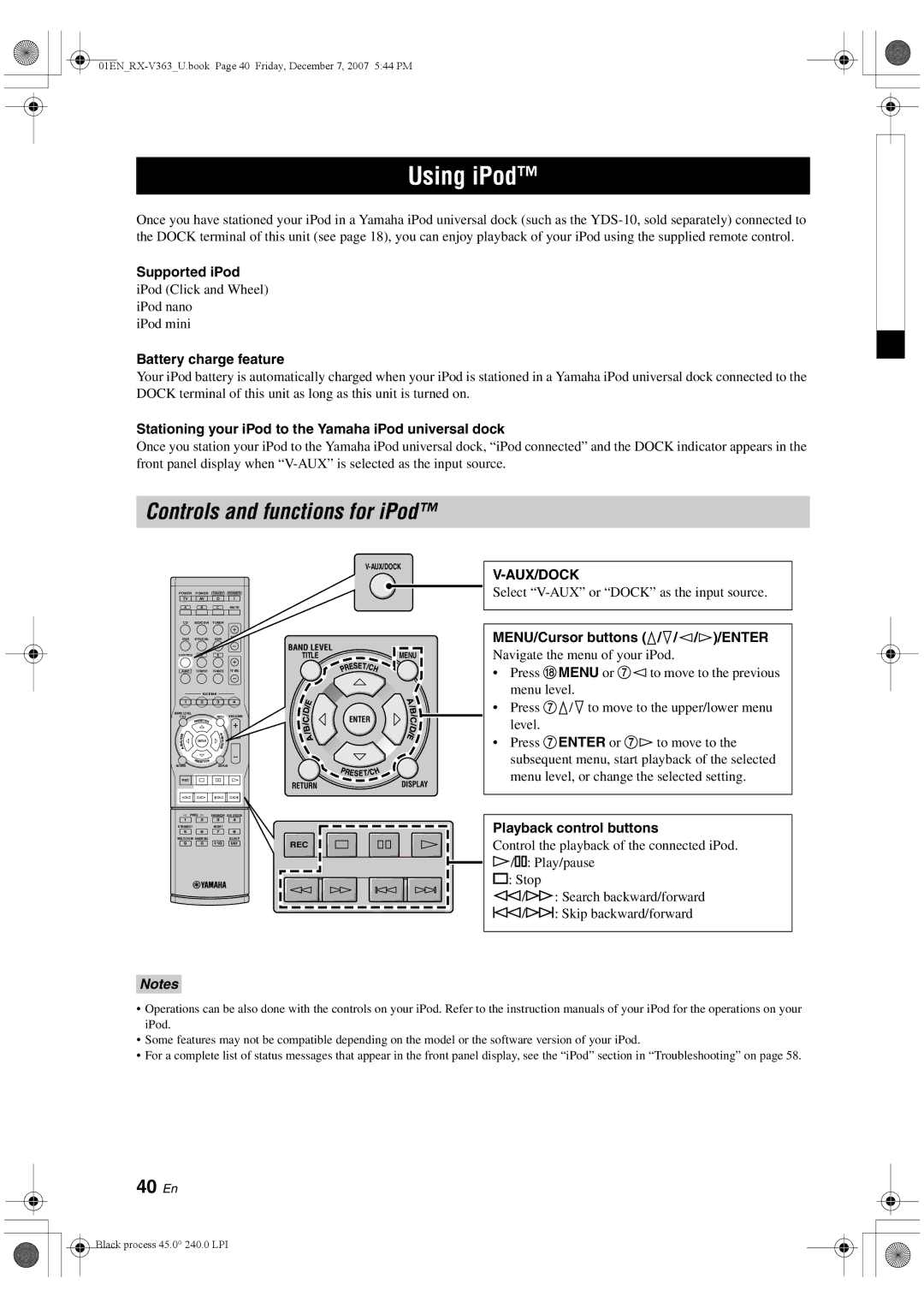 Yamaha RX-V363 owner manual Using iPod, 40 En, Aux/Dock 