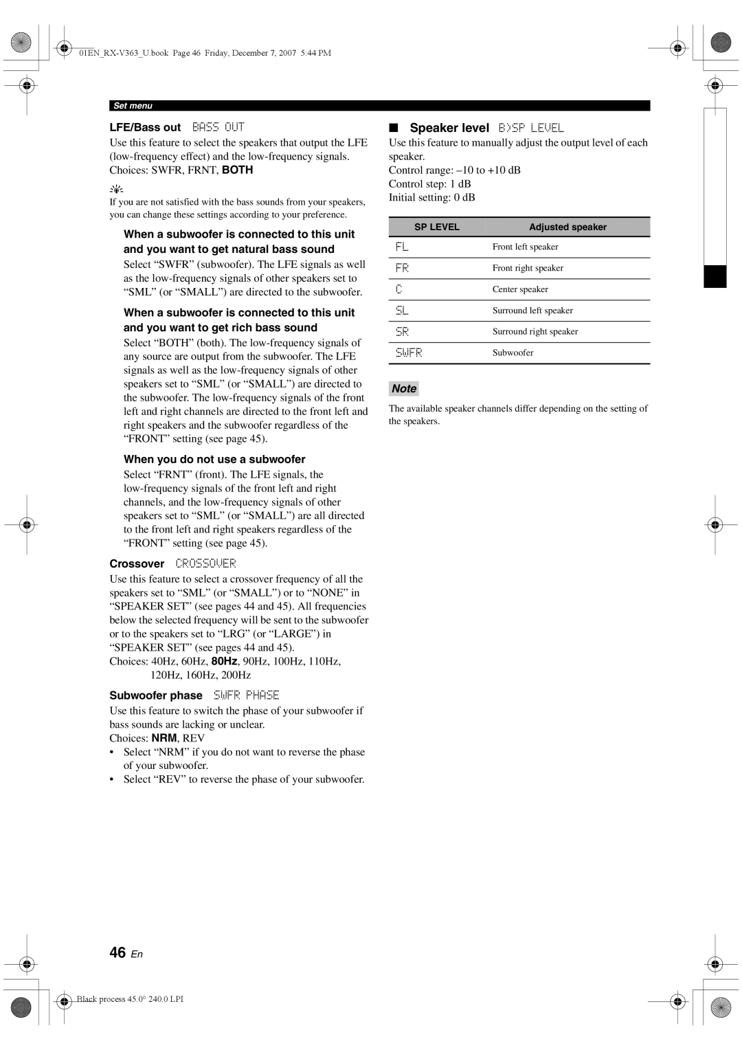 Yamaha RX-V363 owner manual 46 En, Speaker level BSP Level 