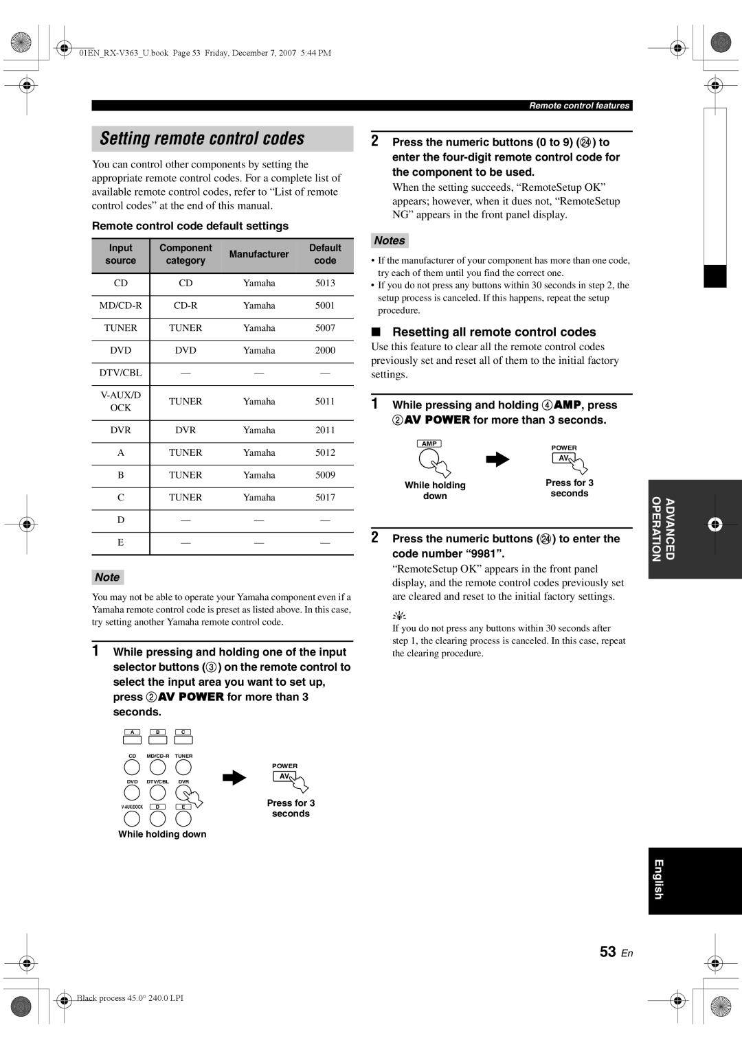 Yamaha RX-V363 owner manual Setting remote control codes, 53 En, Resetting all remote control codes 