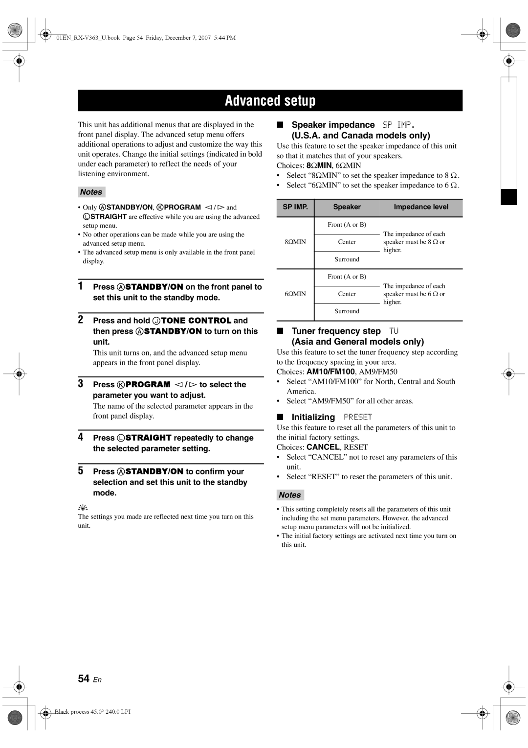 Yamaha RX-V363 owner manual Advanced setup, 54 En, Speaker impedance SP IMP A. and Canada models only, Initializing Preset 